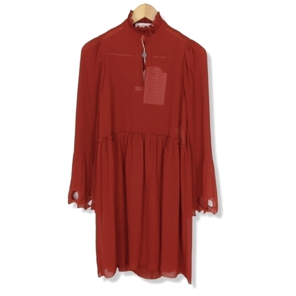 NWT See by Chloe Boho Earthy Red georgette dress with gathered collar. - Picture 4 of 15